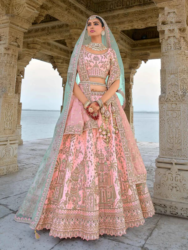Designer Tea Rose Wedding Lehenga with Dual Dupatta