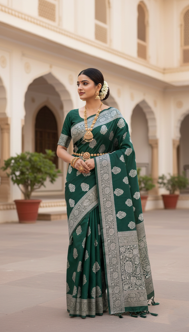 Bottle Green Banarasi Mashru Soft Silk Saree