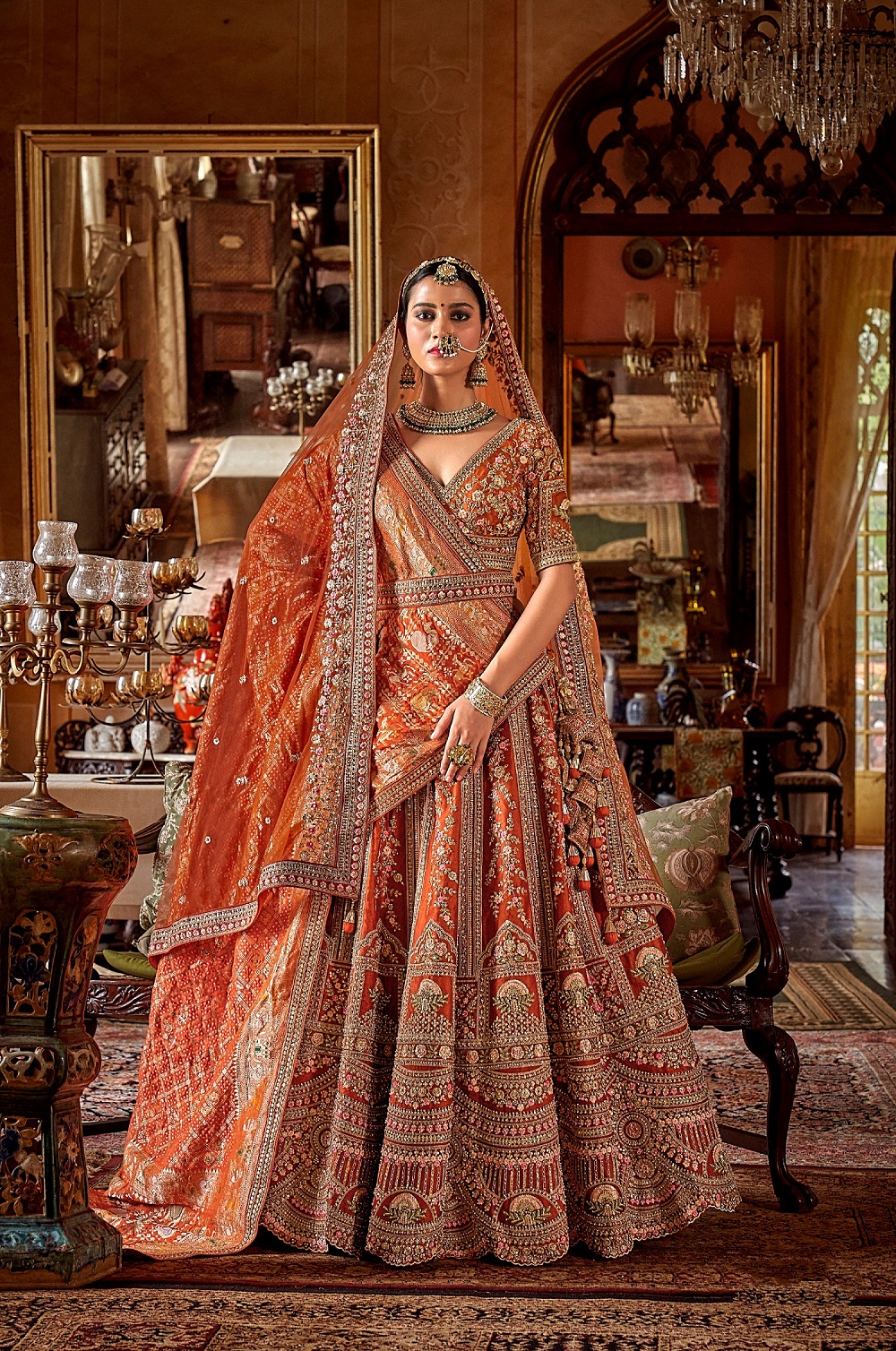 Orange Silk Bridal Lehenga with Thread & Pearl Embroidery