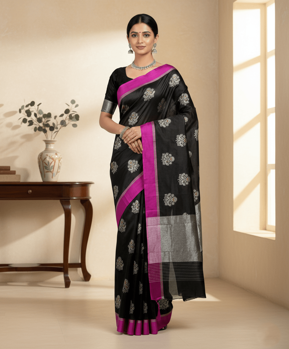 Black Chanderi Handloom Pattu Silk Eknal Buttas Saree