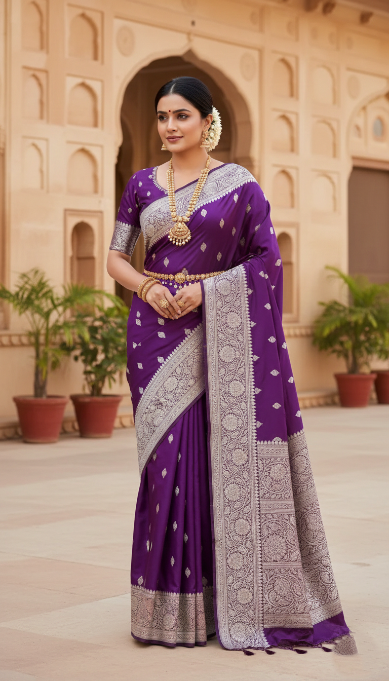 Dark Purple Banarasi Mashru Soft Silk Saree