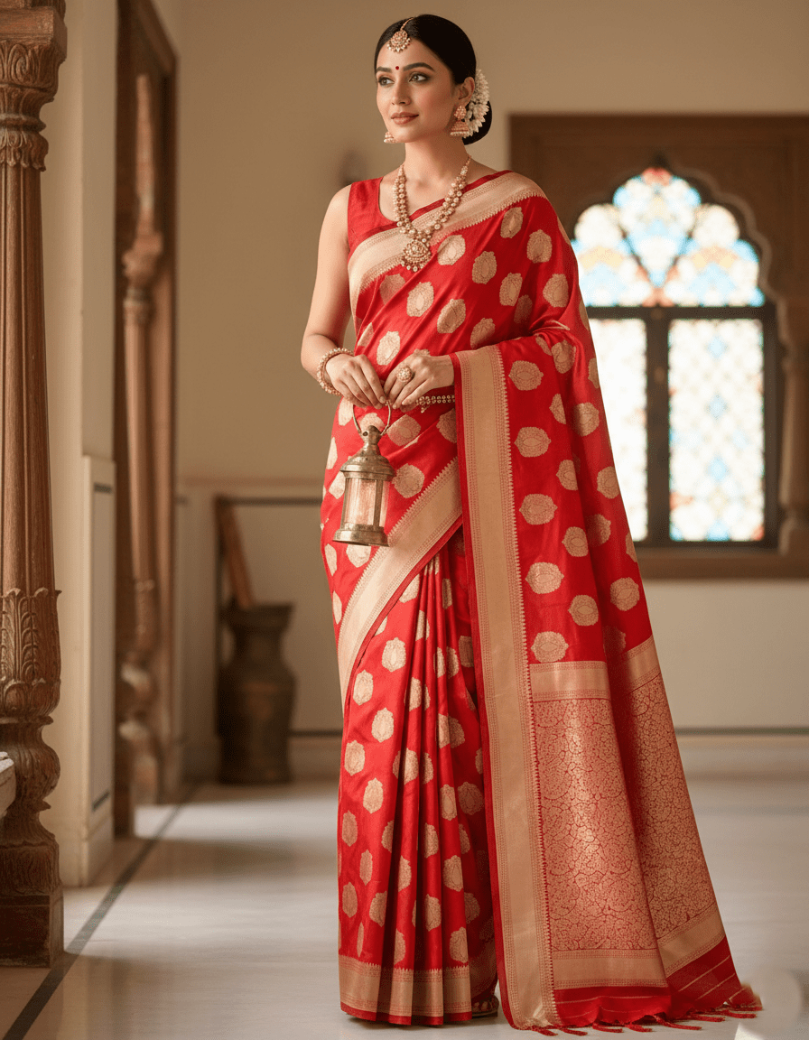 Chilly Red Banarasi Handloom Katan Silk Meenakari Saree