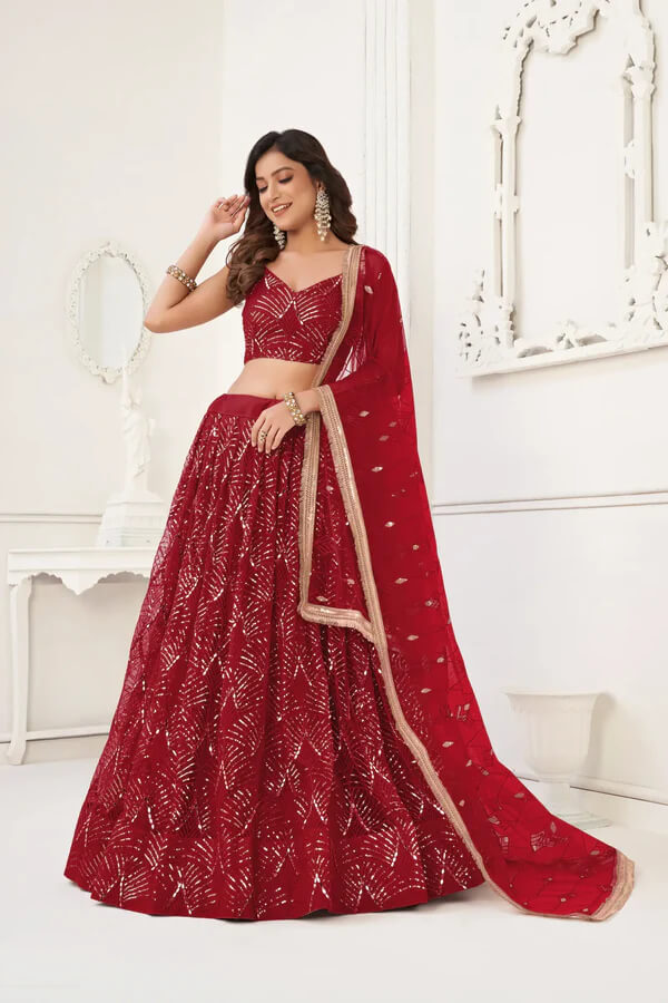 Graceful Maroon Net Lehenga with Sequins
