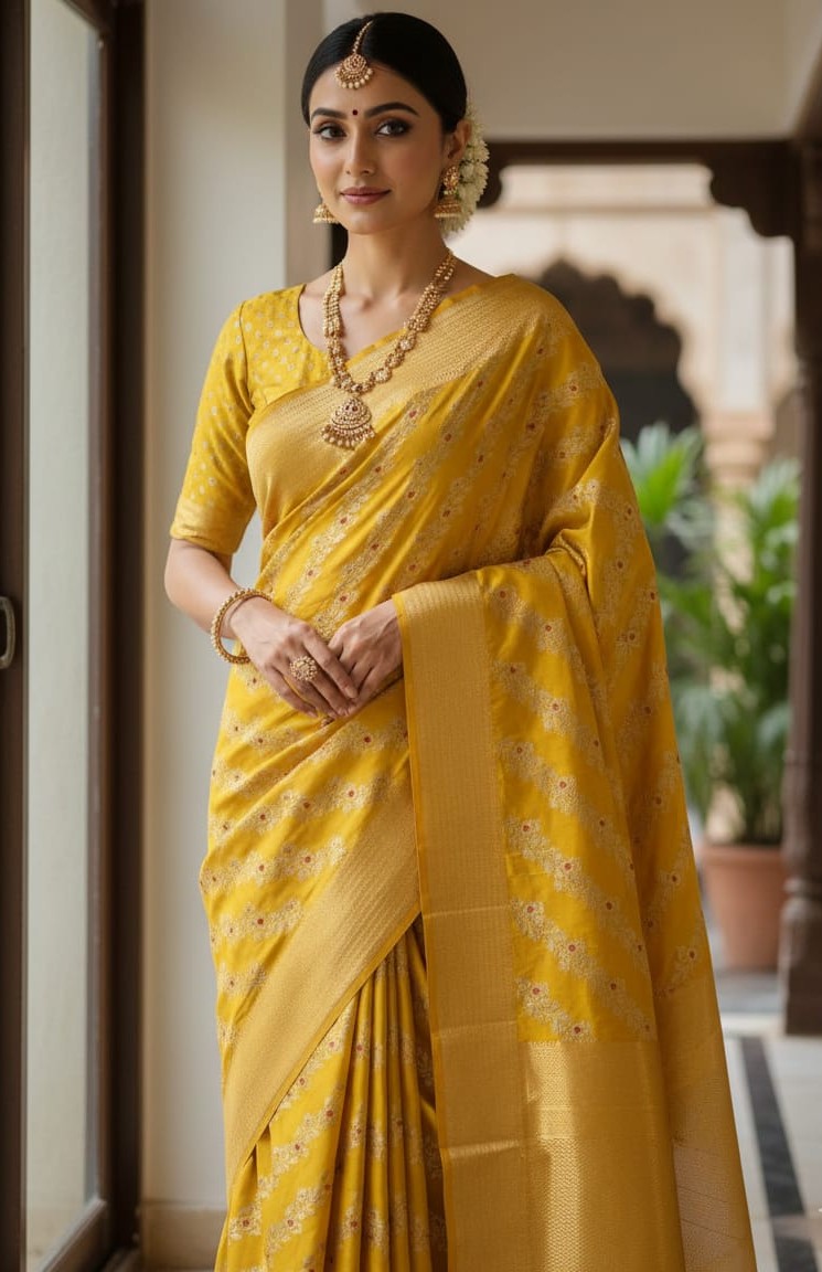 Turmeric Yellow Handloom Pattu Silk Meenakari Handwork Saree