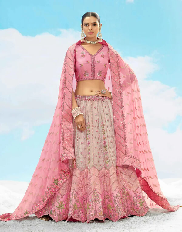 Sweet Pink Floral Embroidered Sequin Bridal Lehenga