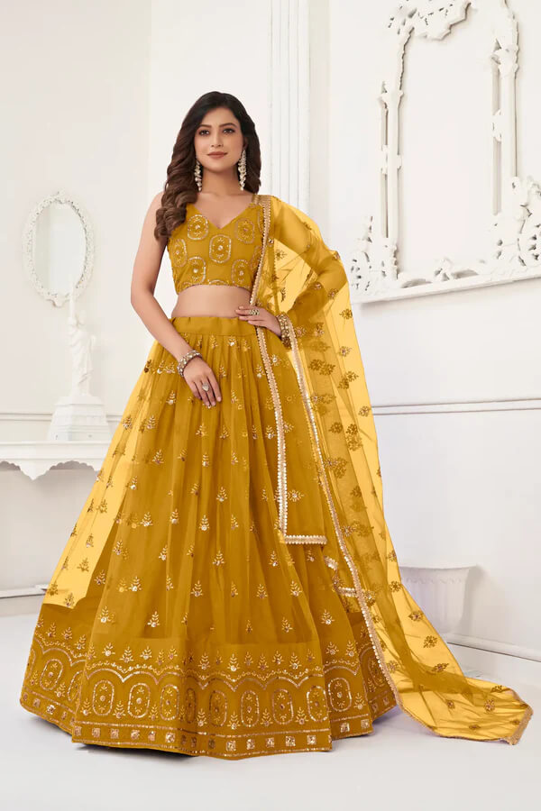 Mustard Embroidered Net Lehenga Choli