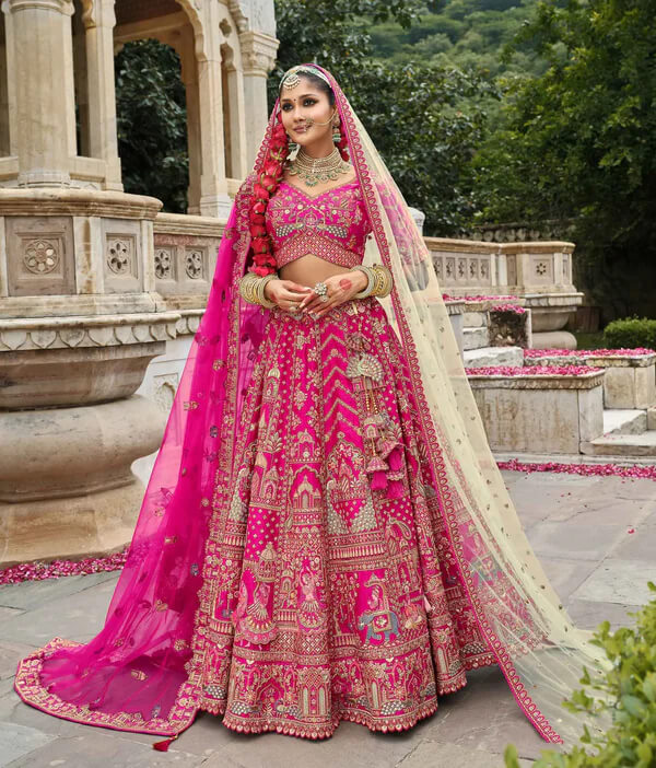 Modern Dark Pink Wedding Lehenga with Dual Dupattas