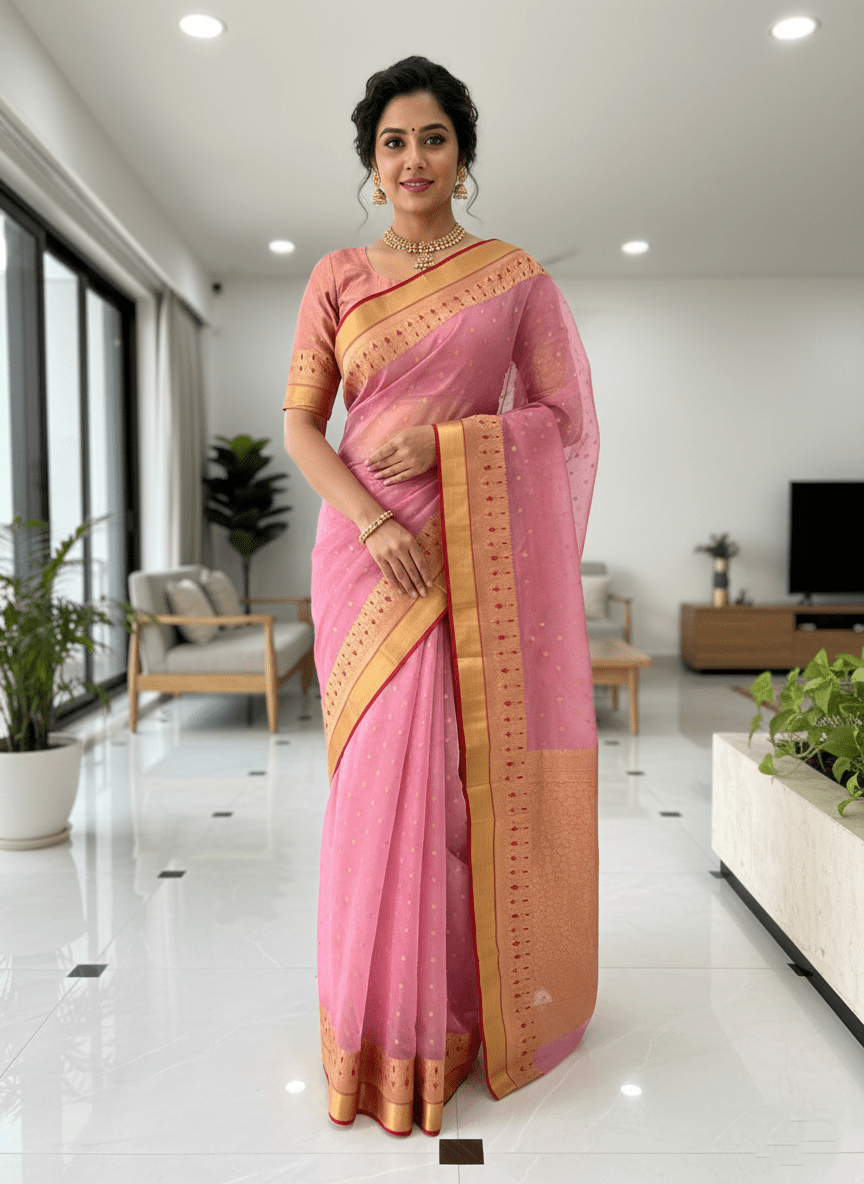 Onion Pink Chanderi Handloom Katan Silk Meenakari Handwork Saree