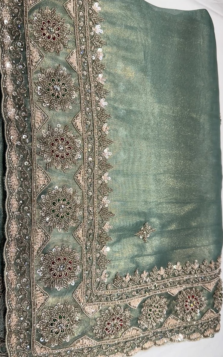 Powder Green Hand Embroidered Tissue Organza Silk Saree