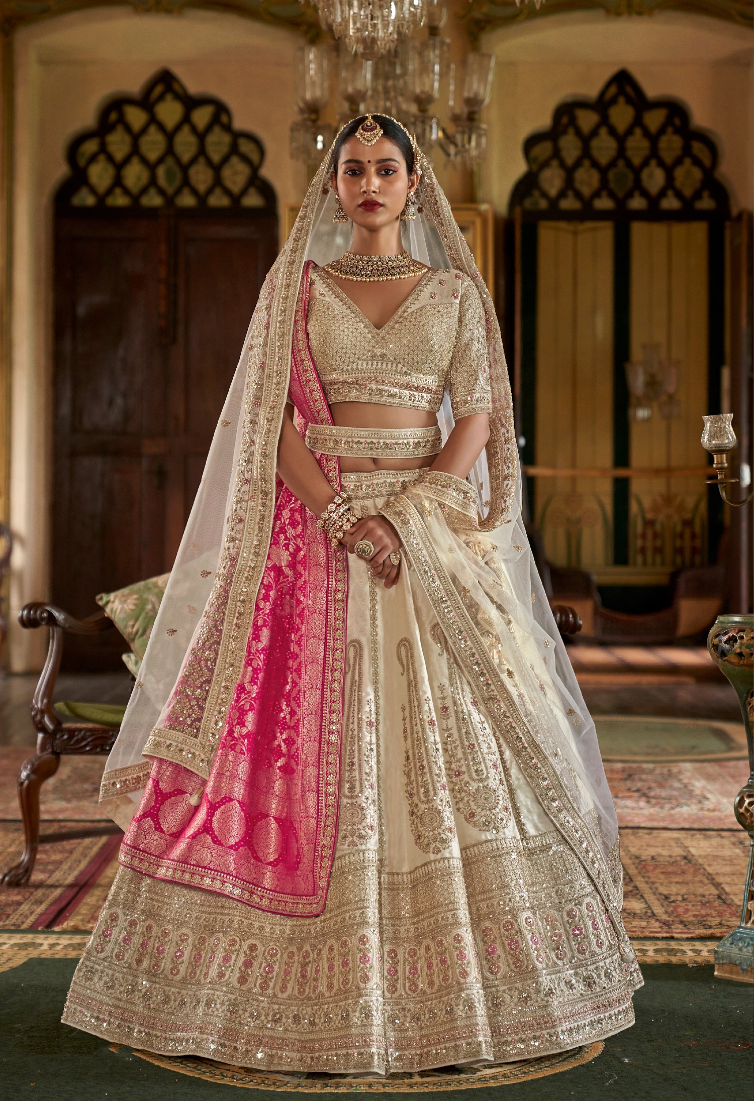 Beige Bridal Lehenga and Pink Dupatta  With Heavy Embroidery & Pearl Work