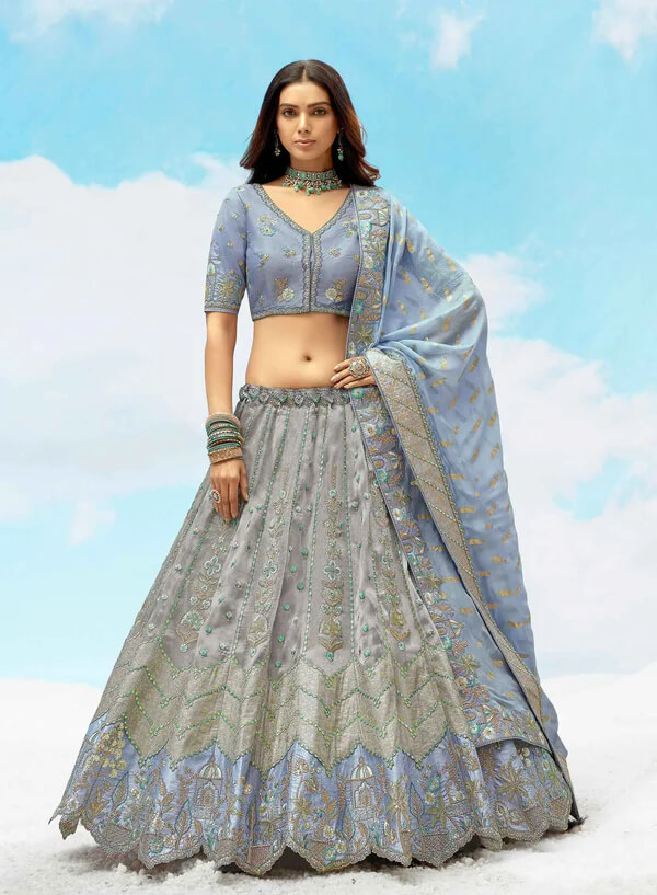 Elegant Gray Blue Sequin Work Wedding Lehenga