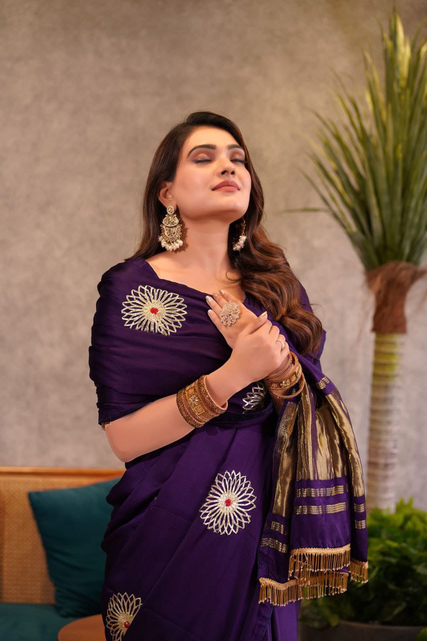 Purple Hand Embroidered Jaipuri Gajji Silk Saree