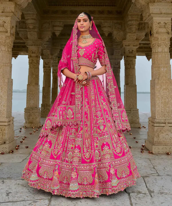 Pink Bridal Lehenga with Double Dupatta & Embroidery Work