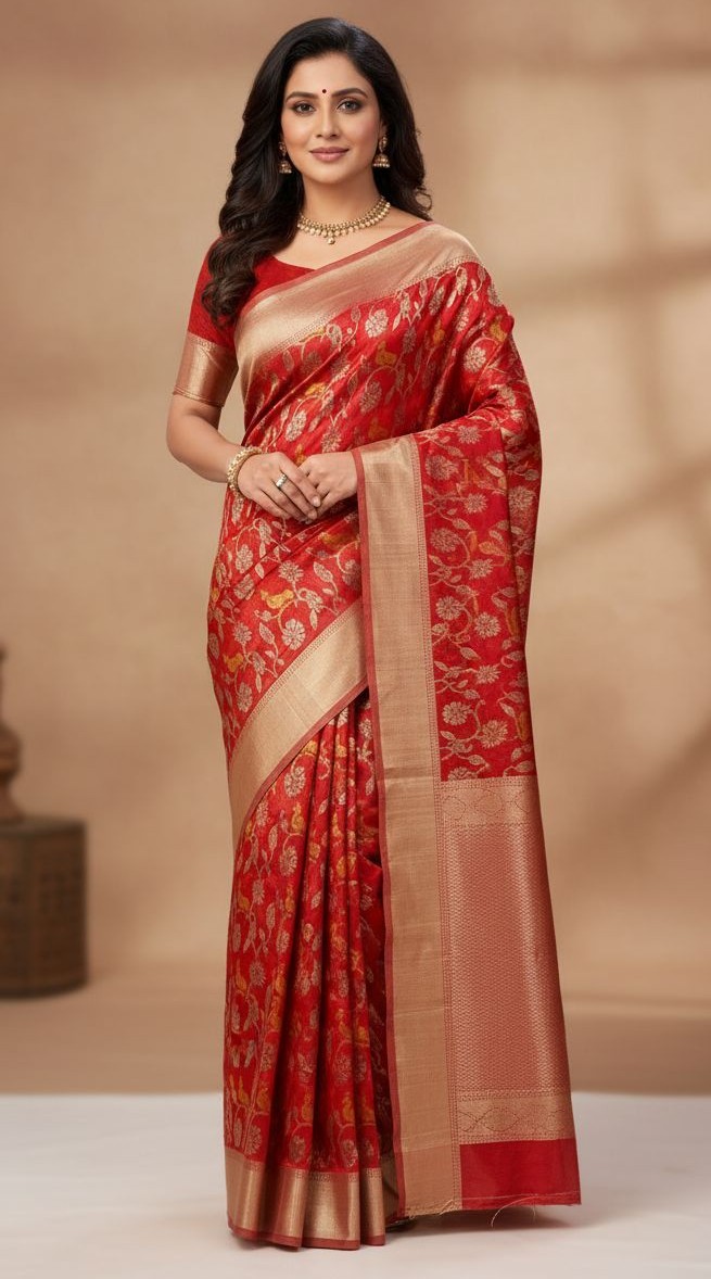 Red Chanderi Handloom Pattu Silk Meenakari Saree