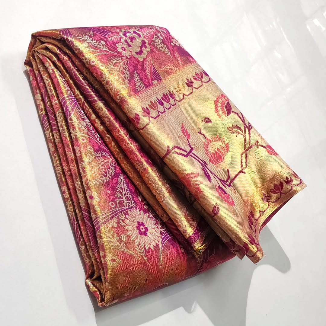 Hot Pink Kanchipuram Handloom Tissue Brocade Paithani Silk Saree