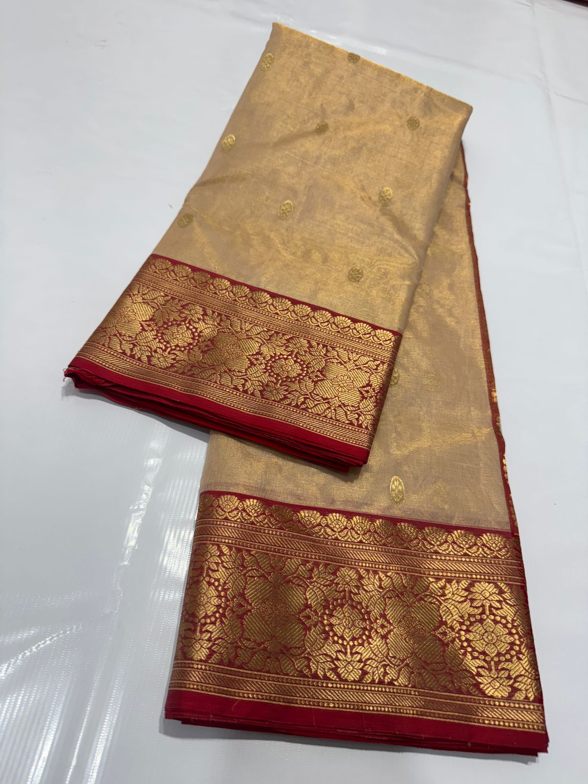 Beige Chanderi Handloom Katan Tissue Silk Saree