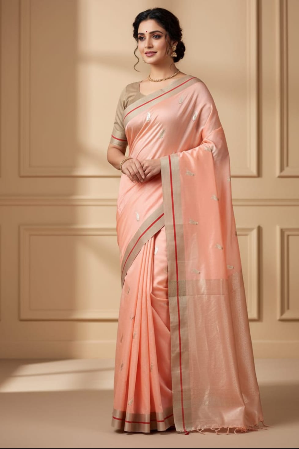 Peach Chanderi Handloom Pattu Silk Meenakari Saree
