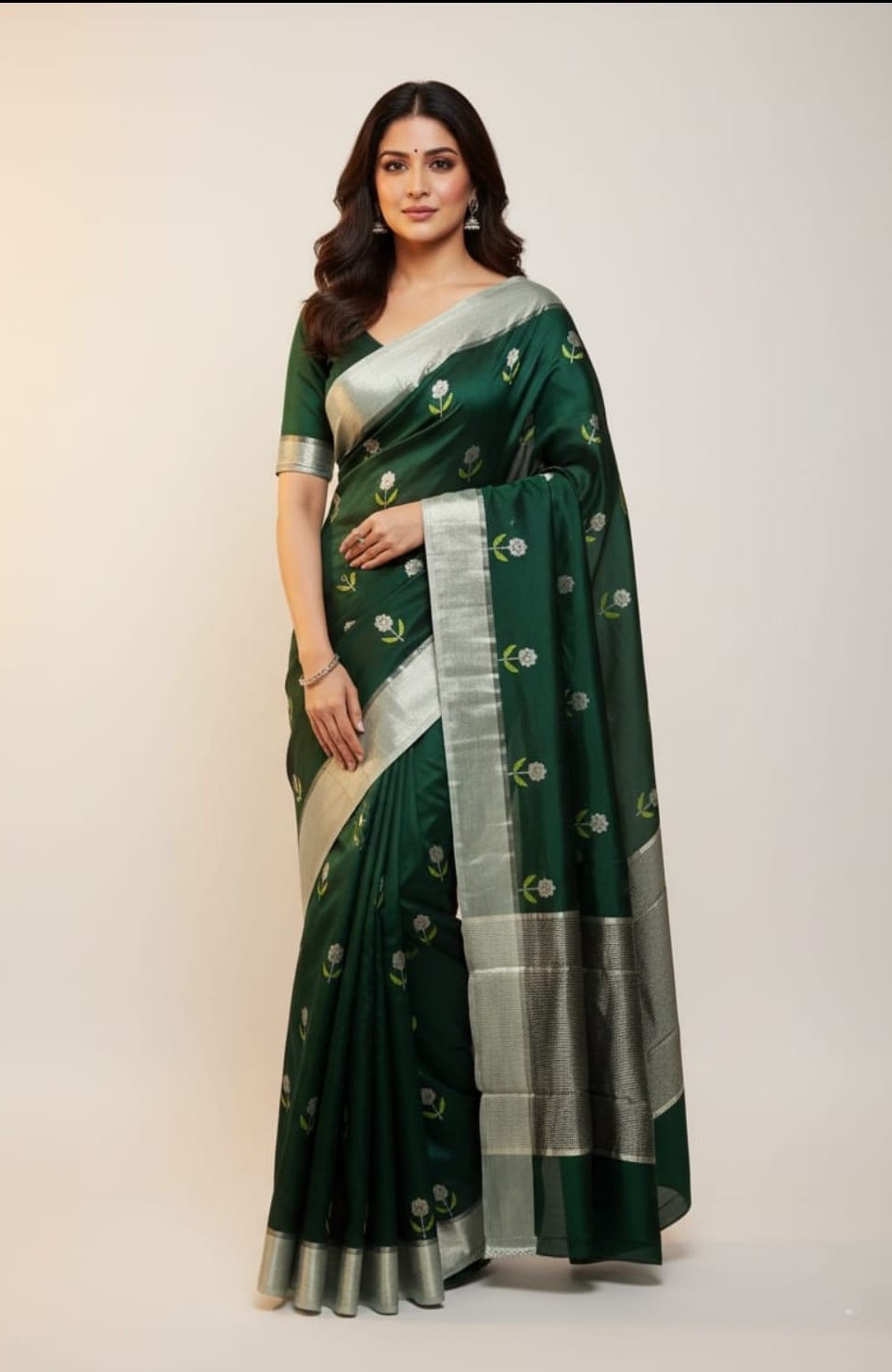 Bottle Green Chanderi Handloom Pattu Silk Meenakari Saree