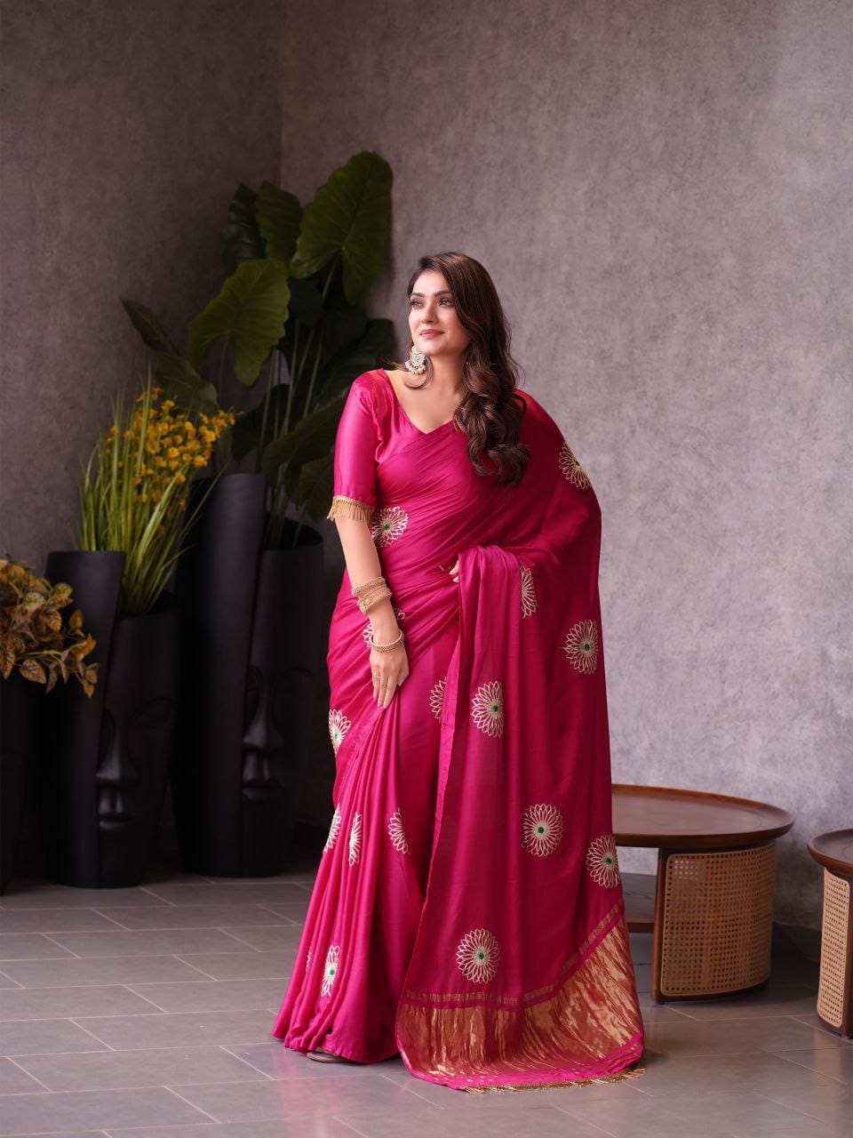 Hot Pink Hand Embroidered Jaipuri Gajji Silk Saree