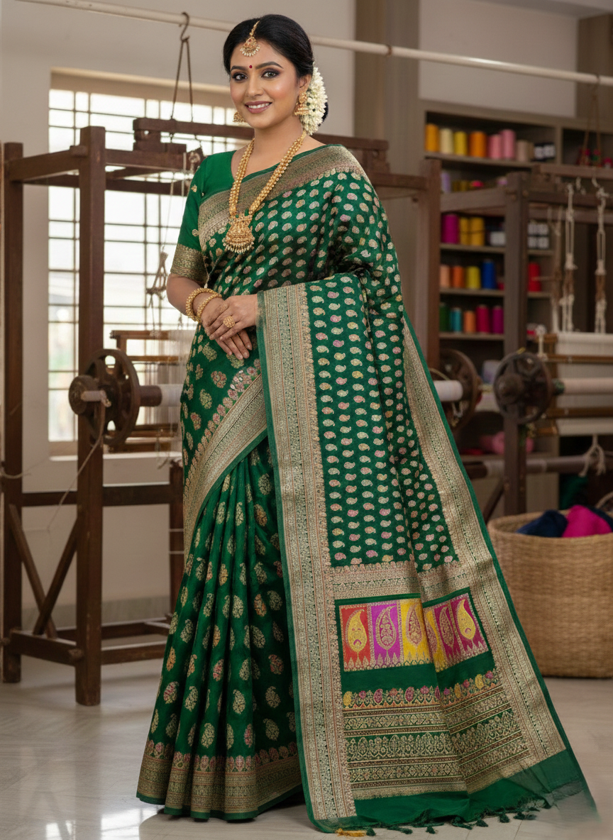 Silk Tatva 'Boteh' Dark Green Banarasi Handloom Gold Zari Katan Silk Saree