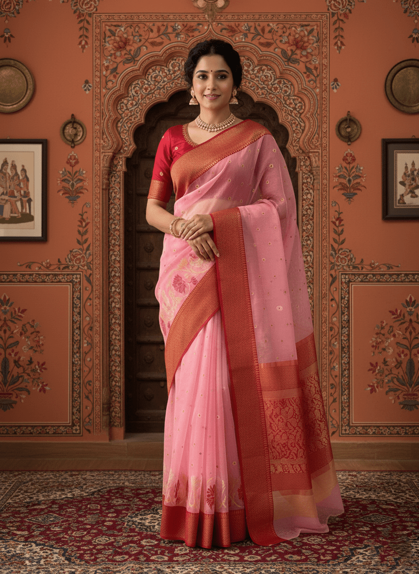 Coral Pink Chanderi handloom Katan Silk Meenakari Saree