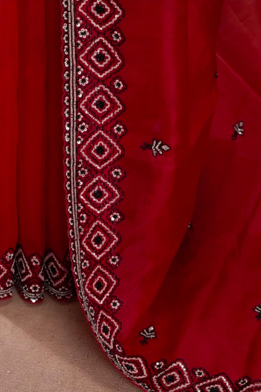 Rustic Red Hand Embroidered Organza Silk Saree