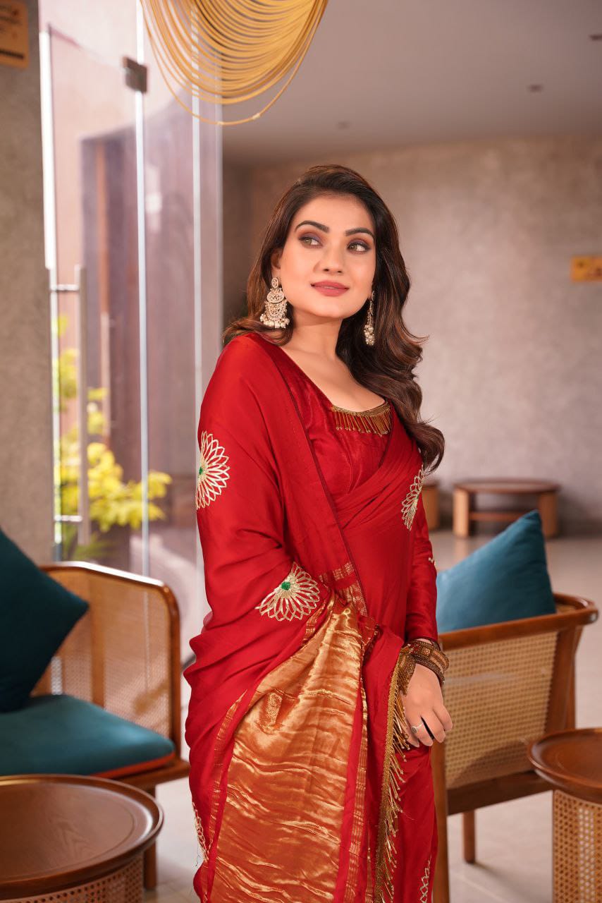 Red Hand Embroidered Jaipuri Gajji Silk Saree