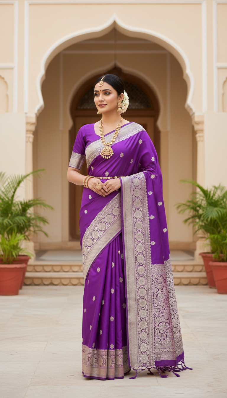 Purple Banarasi Mashru Soft Silk Saree