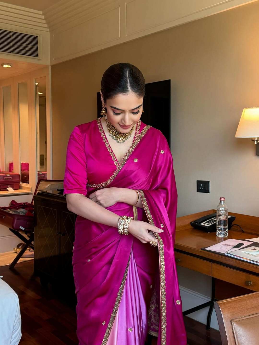 Rani Pink Shaded Hand Embroidered Satin Silk Saree