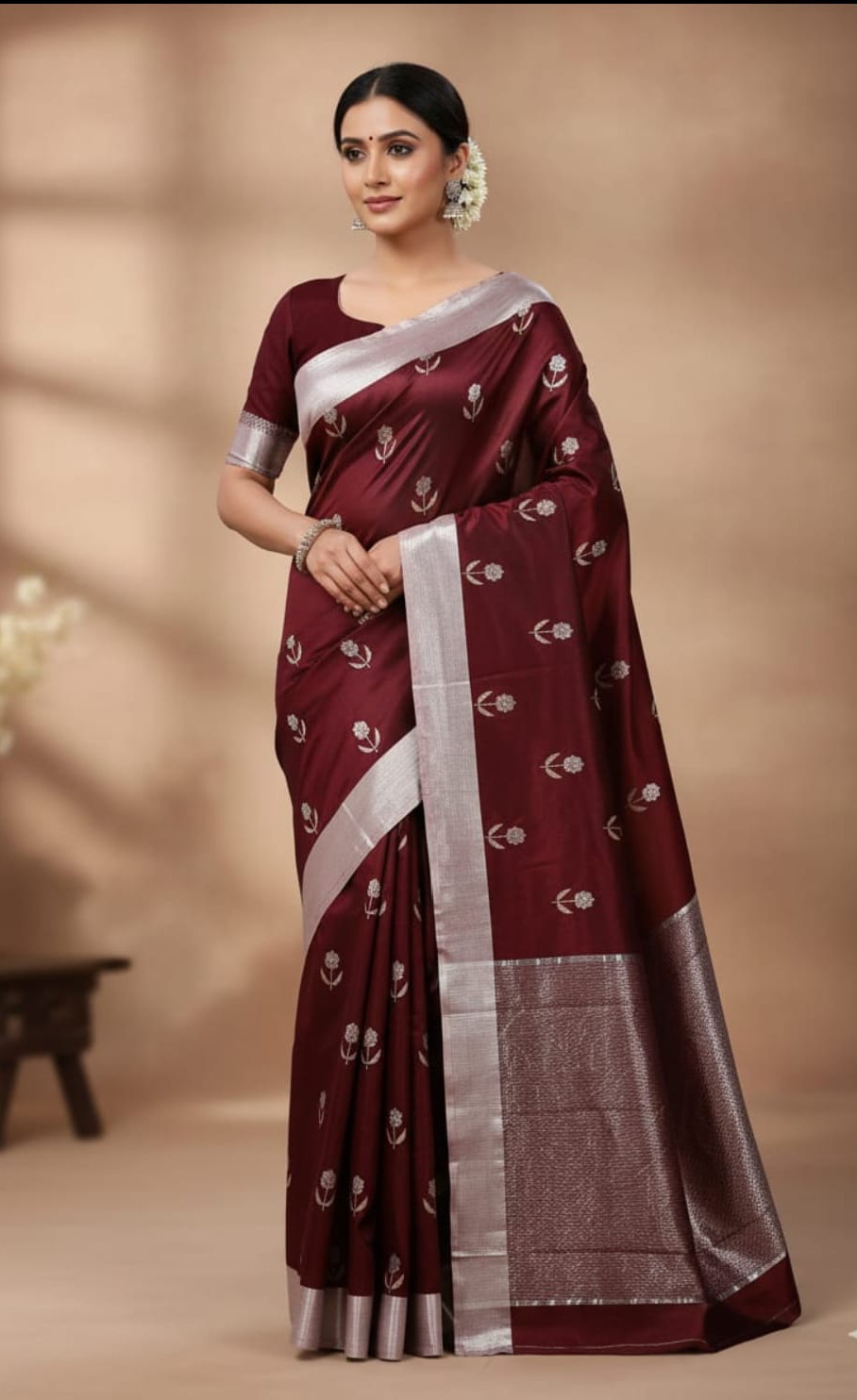 Maroon Chanderi Handloom Pattu Silk Meenakari Saree