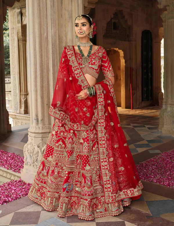 Designer Scarlet Red Wedding Lehenga with Dual Dupatta