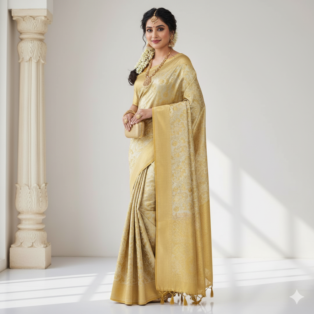 Ivory & Gold Kanchipuram Handloom Tissue Brocade Bridal Silk Saree