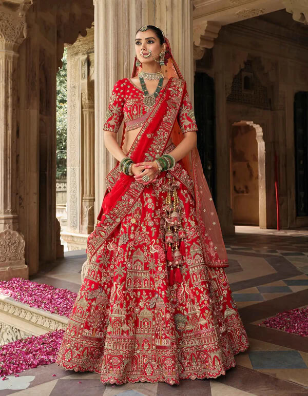 Classic Red Bridal Lehenga with Khatli Detailing