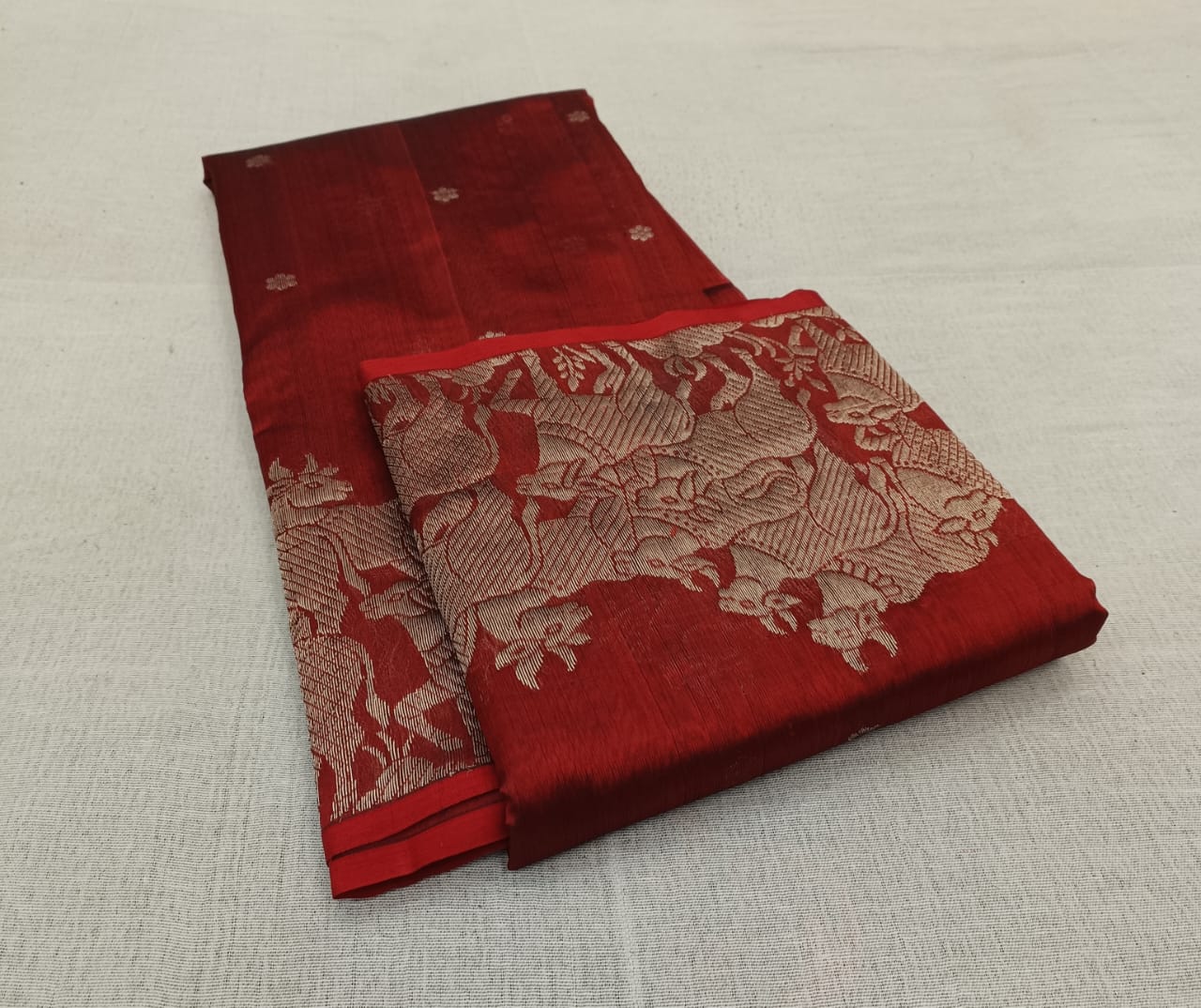 Rustic Red Chanderi Handloom Pattu Silk Handwork Saree