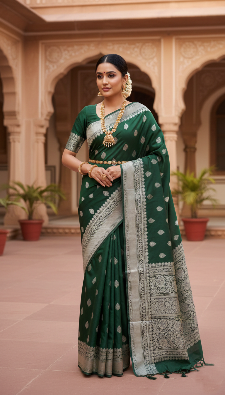 Bottle Green Banarasi Mashru Soft Silk Saree