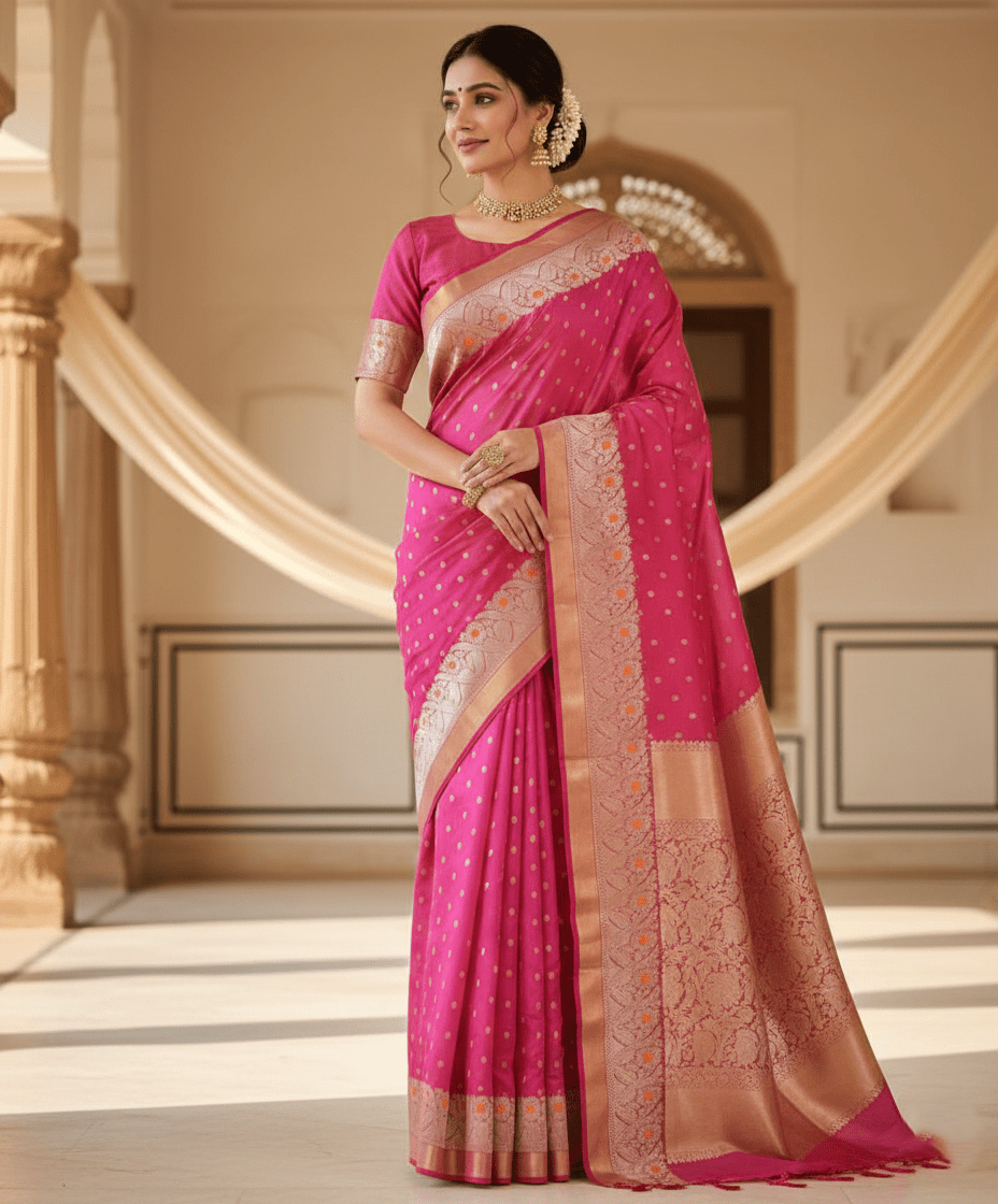 Dual Tone Pink Chanderi Handloom Pattu Silk Handwork Saree