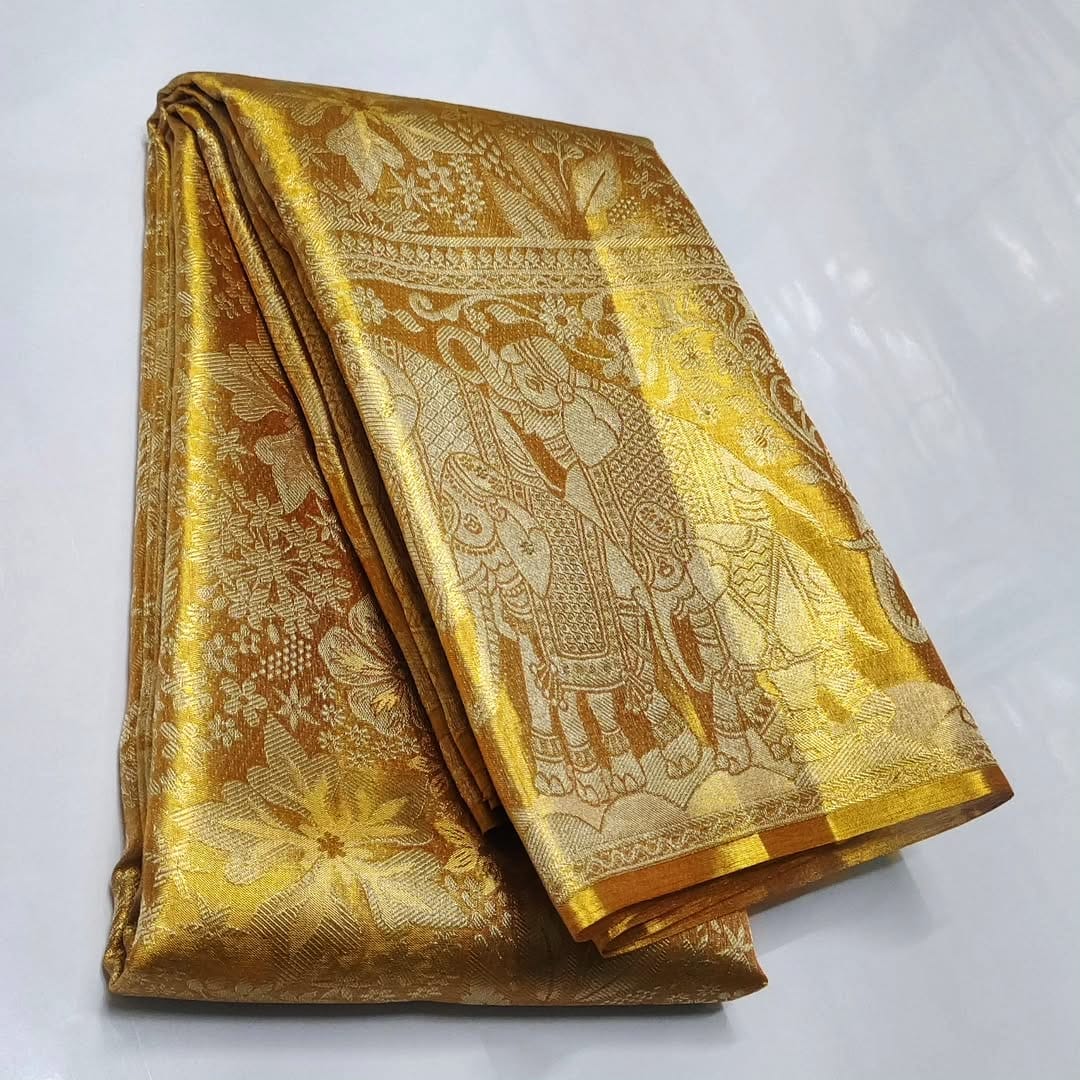 Gold Kanchipuram Handloom Tissue Brocade Silk Saree