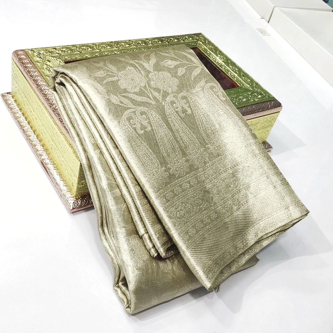 Ivory Kanchipuram Handloom Tissue Brocade Silk Saree