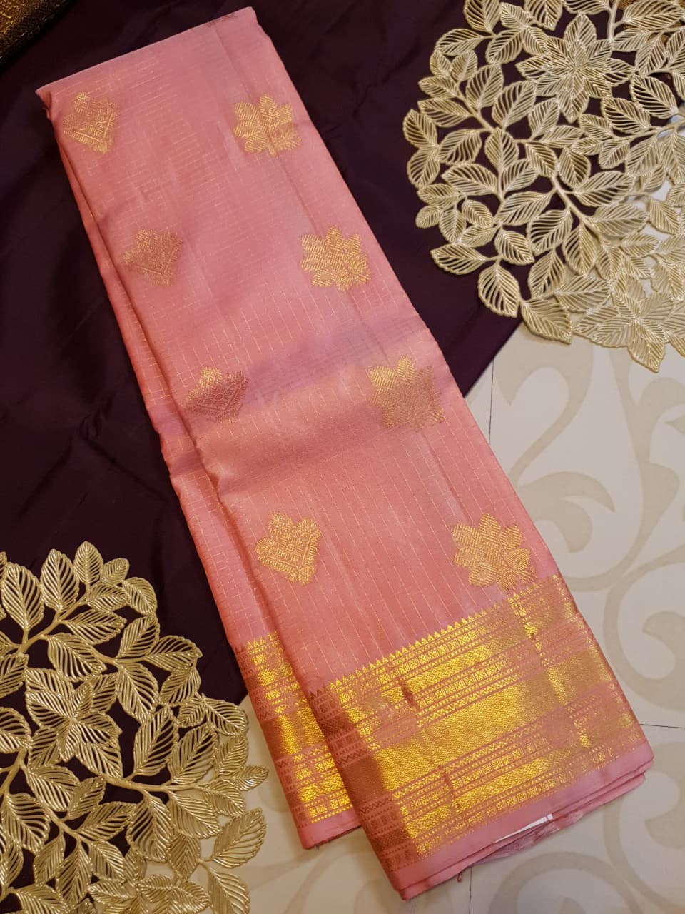 Peach Kanchipuram Handloom 2G Gold Vairaoosi Silk Saree