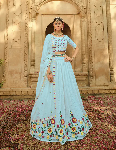 Elegant Sky Blue Georgette Embroidered Lehenga Choli