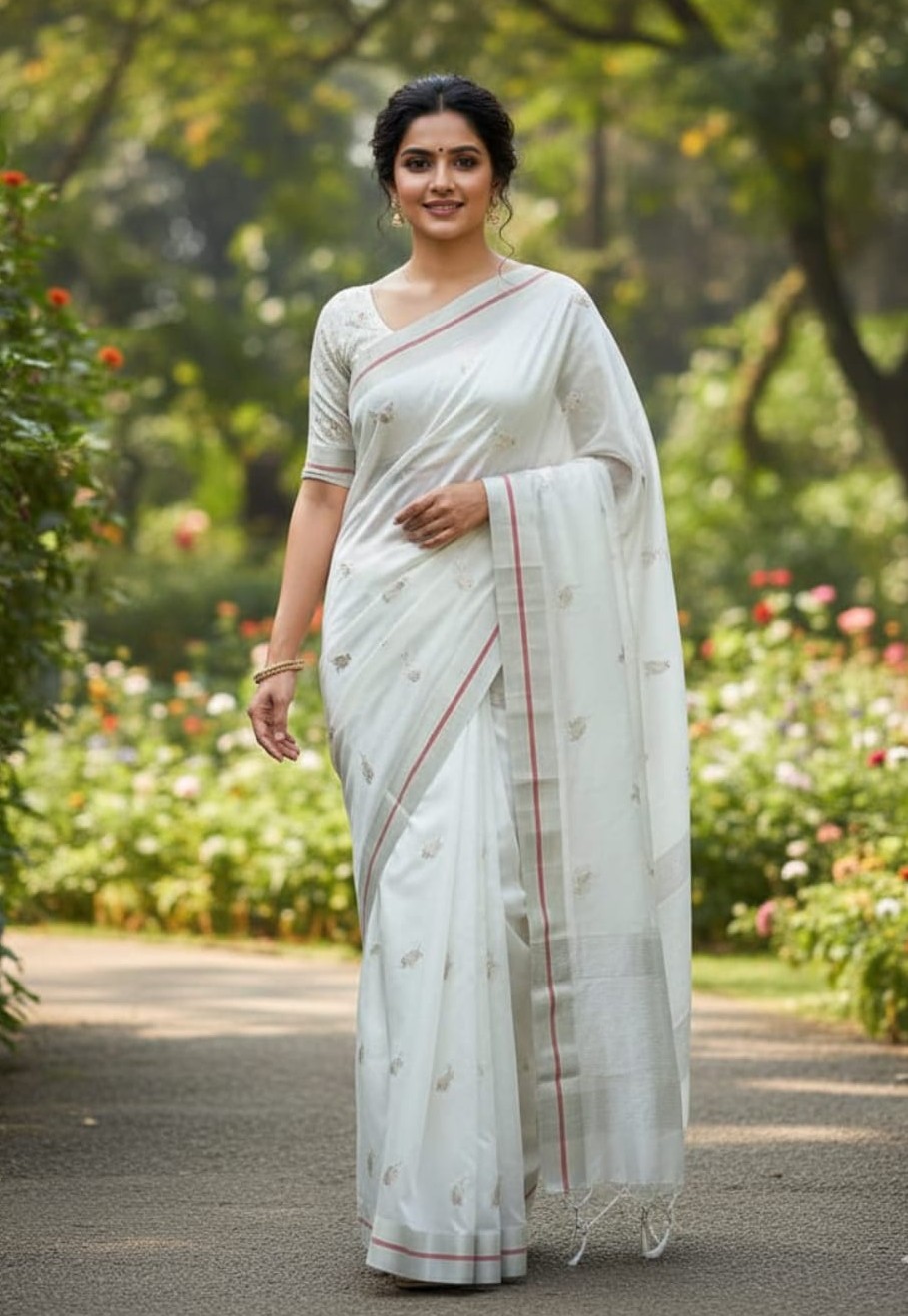 Pearl White Chanderi Handloom Pattu Silk Meenakari Saree