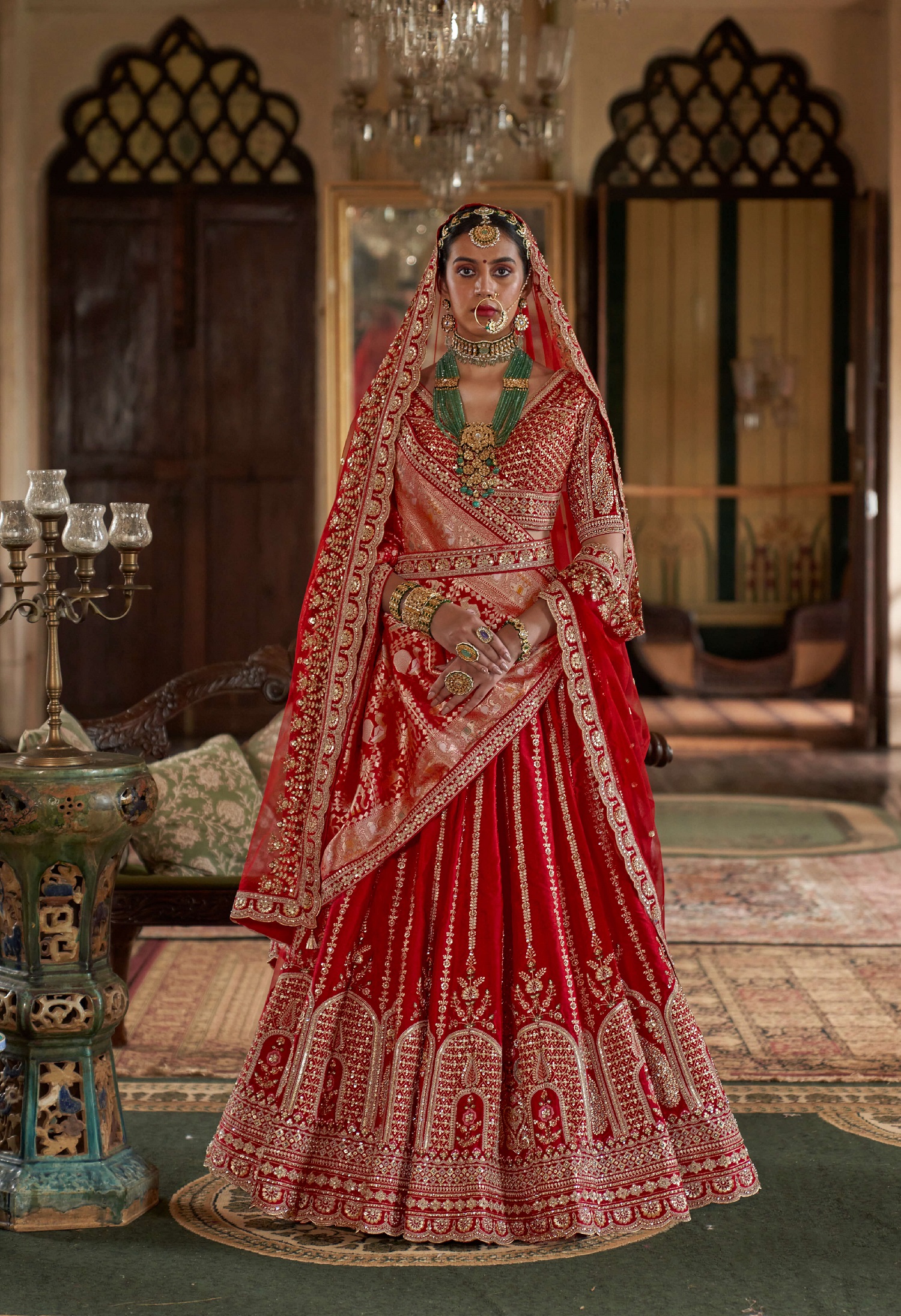 Designer Red Silk Bridal Lehenga with Heavy Embroidery & Sequins