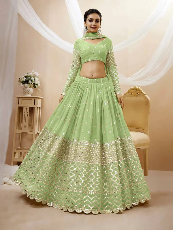 Pista Georgette Lehenga with Sequins Embroidery Work