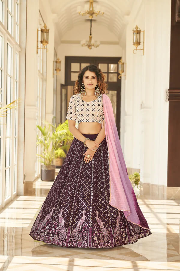Wine Party Wear Lehenga Choli with Printed Dupatta