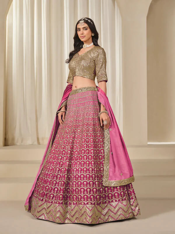 Shaded Pink Chinon Silk Embroidered Lehenga Choli