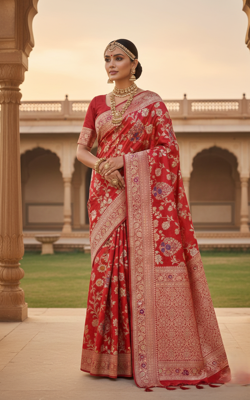 Chilly Red Banarasi Handloom Katan Silk Meenakari Saree