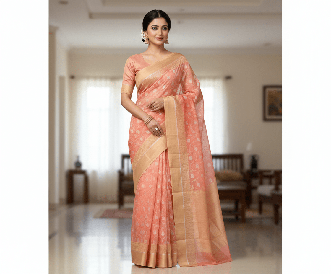 Peach Chanderi Handloom Pattu Silk Handwork Saree