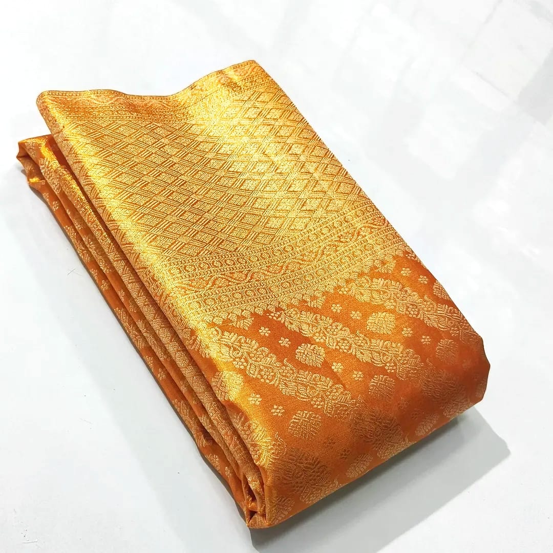 Dark Orange Kanchipuram Handloom Tissue Brocade Silk Saree