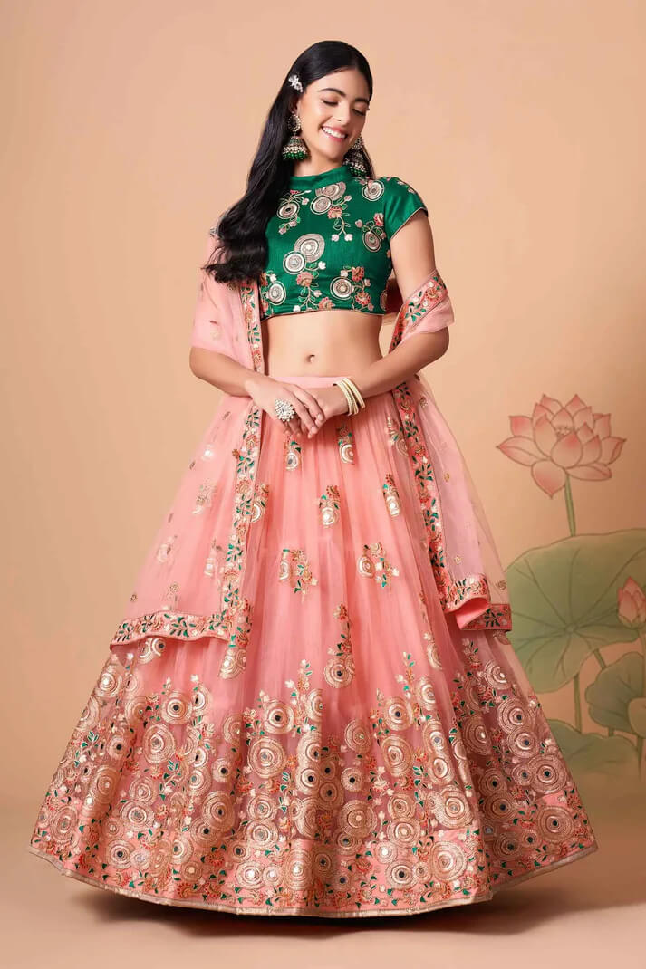 Peach Net Lehenga with Zari, Sequins & Mirror Work