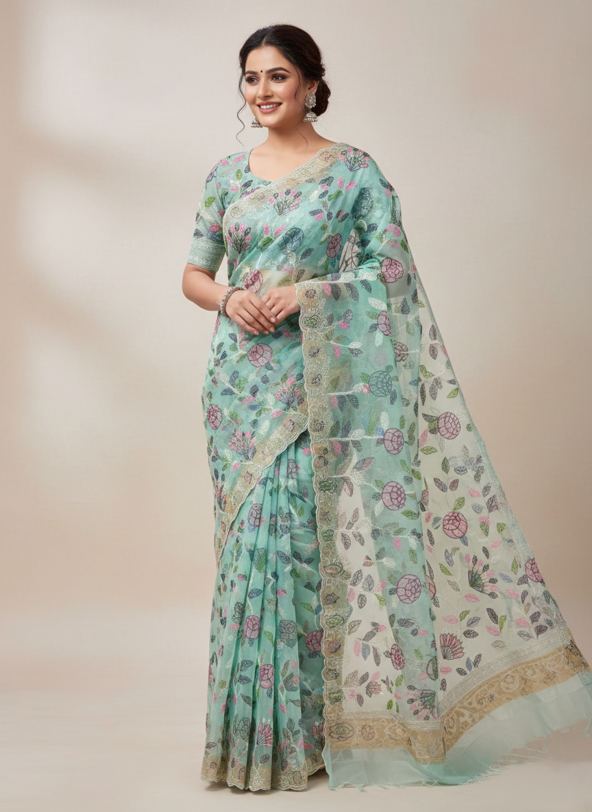 Sea Green Banarasi Handloom Tissue Silk Paithani Embroidery Saree